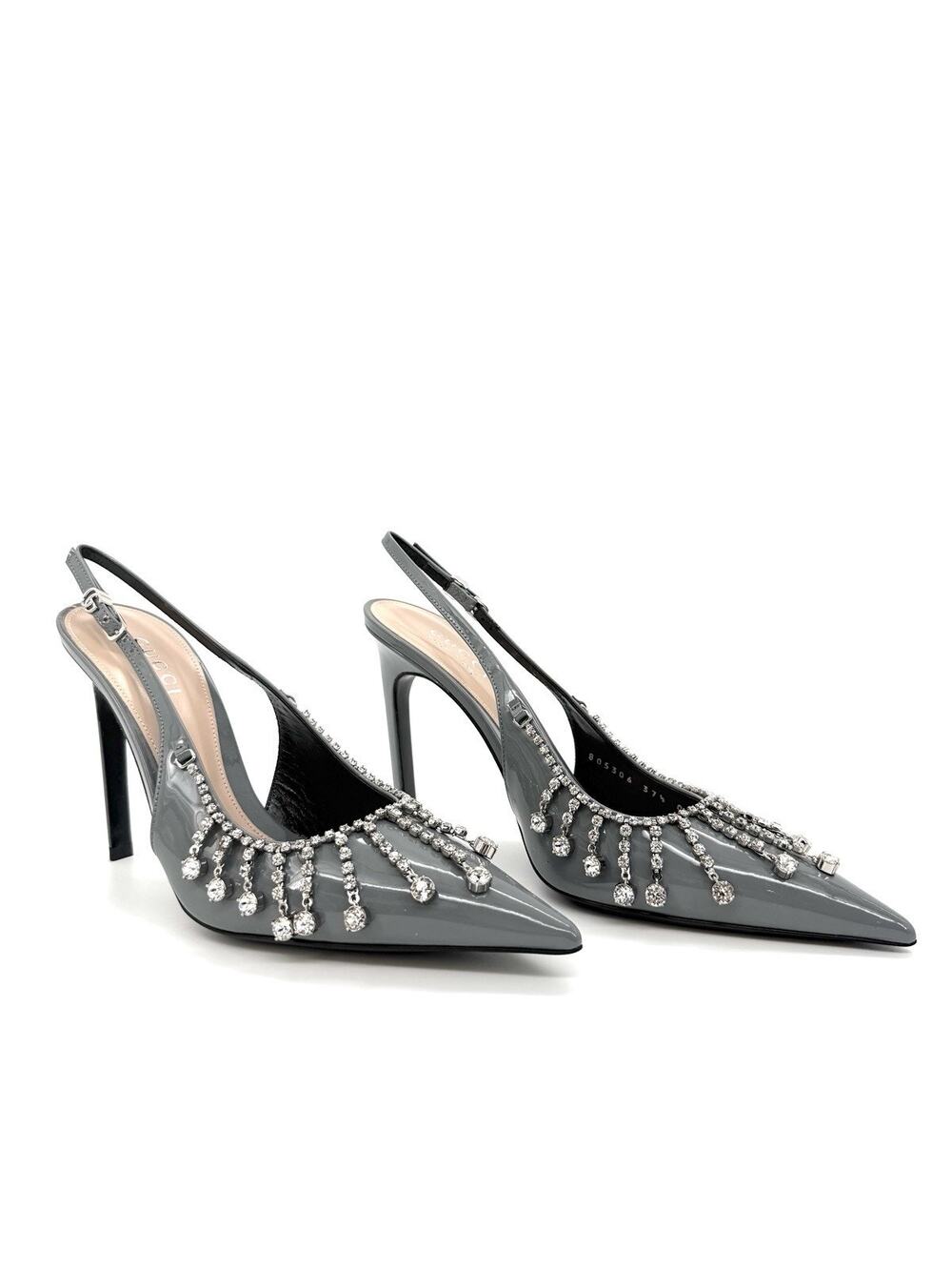 NIB Gucci Guinevere Slingback Pumps EU 37.5 US 7.5 Vernice Crystal Grey $1,890